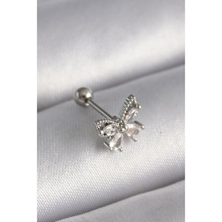 316l Çelik Gümüş Renk Zirkon Taşlı Kelebek Tragus Piercing - Tj-pr1233