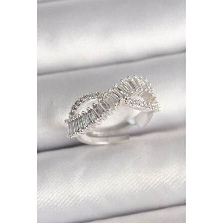 Pirinç Gümüş Renk Su Yolu Zirkon Taşlı Sonsuzluk Model Ayarlanabilir Kadın Yüzük