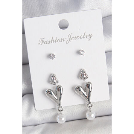 Pirinç Gümüş Renk Zirkon Taşlı Sallantılı Kalp Model 3 Çift Kadın Küpe Seti