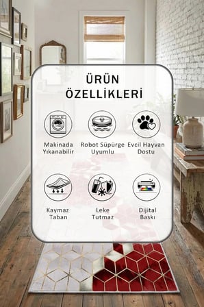 Suetro Kırmızı Dijital Baskılı Kaymaz Yıkanabilir Yolluk - Leke Tutmaz