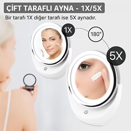  Büyüteçli Çift Taraflı Kozmetik Makyaj Aynası Işıklı  LED Işıklar  360 ° Derece Döndürme