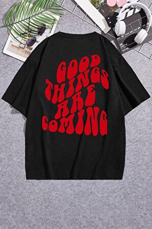 Siyah Good Things Are Coming Tasarımlı Bisiklet Yaka Pamuk Oversize T-shirt