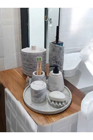 Mermer Desen Beton Banyo Seti,Tuvalet Fırçası,Çöp Kovası,Katı,Sıvı Sabunluk,Tepsi,Pamukluk