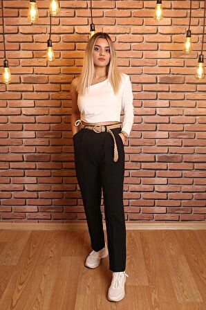 Quzu Kadın Siyah Hasır Kemerli Pantolon (21Y70840-01)