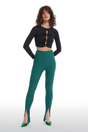 Beli Lastikli Yırtmaçlı Pantolon Koyu Yeşil