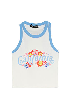 Çiçek Baskılı Halter Yaka Crop Tişört Ekru