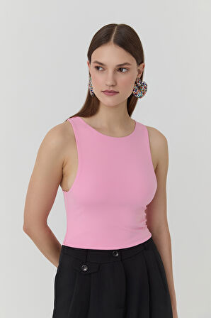 Bisiklet Yaka Askılı Crop Bluz Pembe