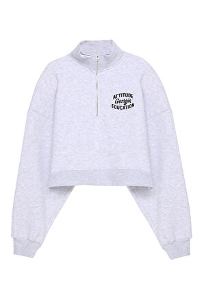 Sırtı Yazı Baskılı Crop Sweatshirt Gri