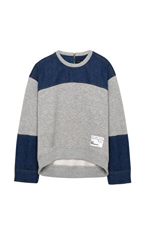 Denim Detaylı Sweatshirt Gri