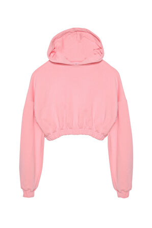 Kapüşonlu Crop Sweatshirt Pembe