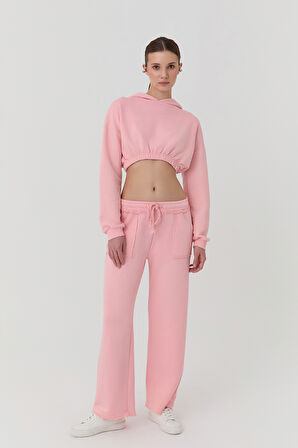 Kapüşonlu Crop Sweatshirt Pembe