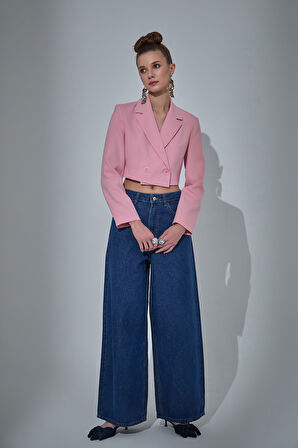 Vatka Detaylı Crop Blazer Ceket Pembe