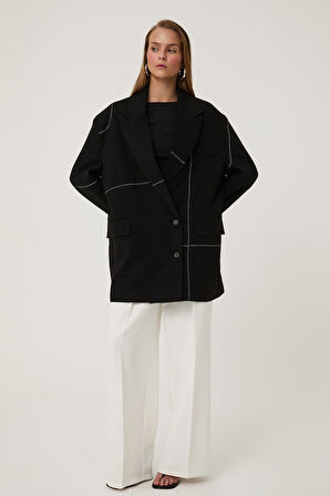 Dikiş Detaylı Oversize Blazer Ceket Siyah