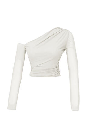 Düşük Omuz Detaylı Tül Bluz Ekru