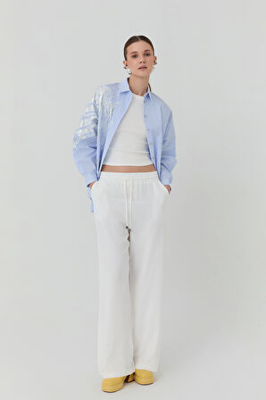 Beli Lastikli Bol Paça Pantolon Beyaz