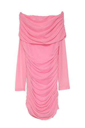 Omuzları Açık Drape Detaylı Tül Mini Elbise Pembe