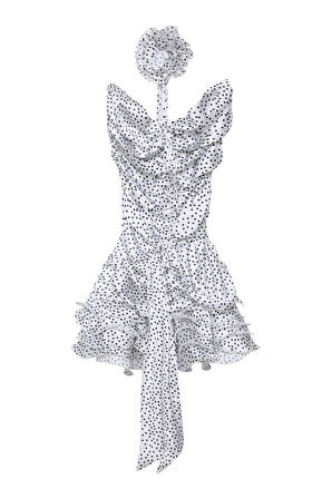 Puantiyeli Çiçek Detaylı Mini Elbise Ekru