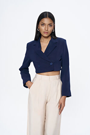 Kruvaze Crop Blazer Ceket Lacivert