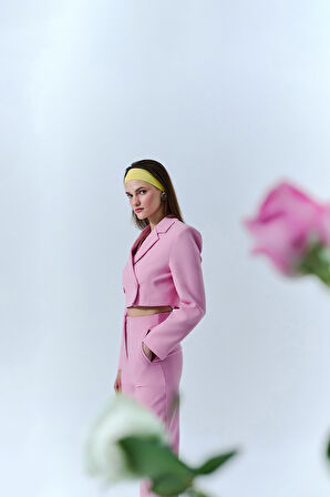 Kruvaze Crop Blazer Ceket Pembe