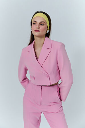 Kruvaze Crop Blazer Ceket Pembe
