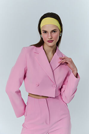 Kruvaze Crop Blazer Ceket Pembe