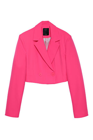 Kruvaze Crop Blazer Ceket Neon Pembe