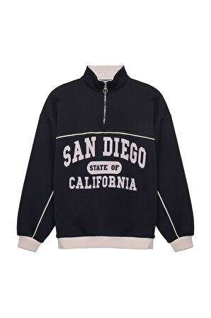 Balıkçı Yaka Yazılı Oversize Sweatshirt Lacivert