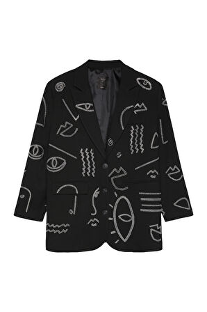 Taşlı Desen Kruvaze Yaka Oversize Blazer Ceket Siyah