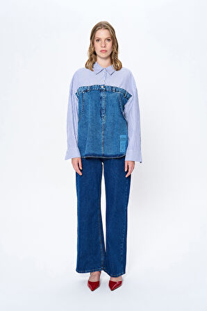 Çizgi Detaylı Denim Gömlek Mavi