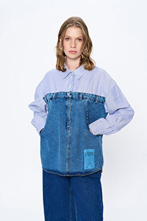 Çizgi Detaylı Denim Gömlek Mavi