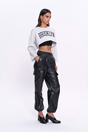 Kargo Cep Beli Lastikli Deri Pantolon Siyah