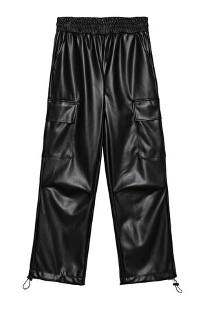 Kargo Cep Beli Lastikli Deri Pantolon Siyah