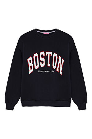 Kolu Fermuarlı Boston Yazılı Sweatshirt Lacivert