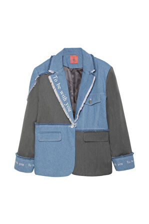 Kumaş Matchli Yazı Baskılı Blazer Ceket Gri