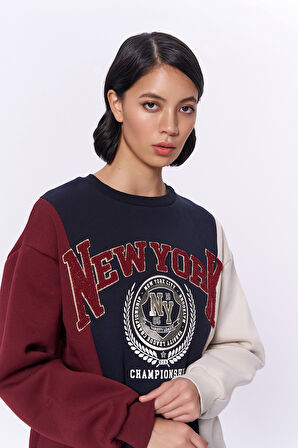 Çift Renk Oversize Sweatshirt Bordo