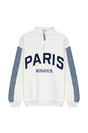 Paris Yazı Baskılı Fermuarlı Sweatshirt Gri