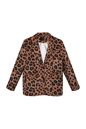 Leopar Desenli Oversize Kaşe Blazer Ceket Camel