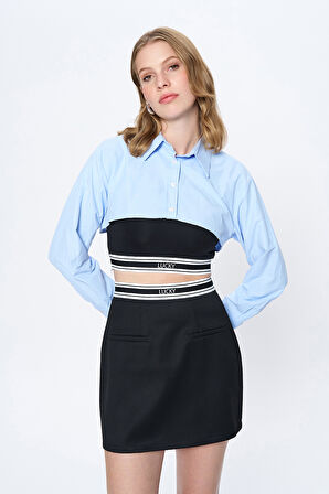 İçi Atlet Detaylı Crop Gömlek Mavi