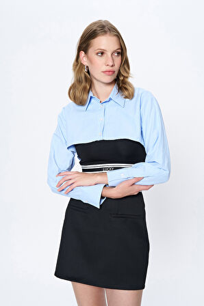 İçi Atlet Detaylı Crop Gömlek Mavi