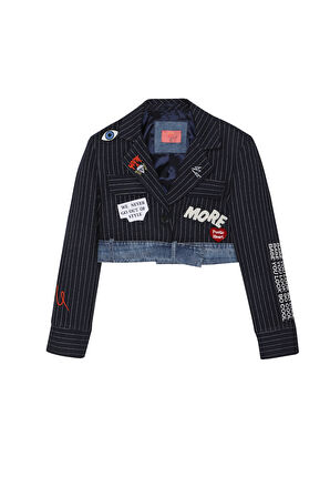 Denim Detaylı Nakışlı Crop Blazer Ceket Lacivert