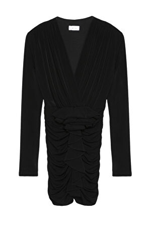 V Yaka Drape Detaylı Mini Elbise Siyah