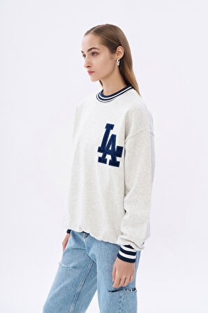 Biye Detaylı Baskılı Oversize Sweatshirt Gri