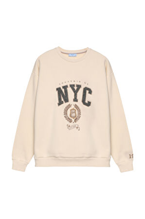 NYC Baskılı Sweatshirt Bej