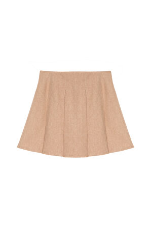 Kalın Pileli Kaşe Mini Etek Bej