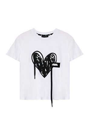 Kalp Baskılı Kısa Kol Tişört Beyaz