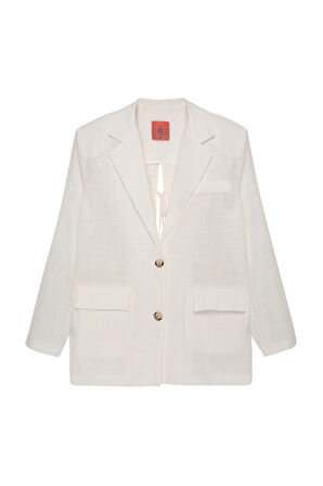 Kol Düğme Aksesuarlı İnce Çizgili Blazer Ceket Ekru