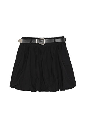 Kemer Aksesuarlı Cepli Mini Balon Etek Siyah