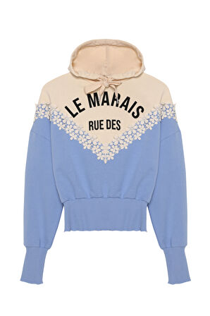 Dantel Çiçekli Baskılı Kapüşonlu Sweatshirt Mavi