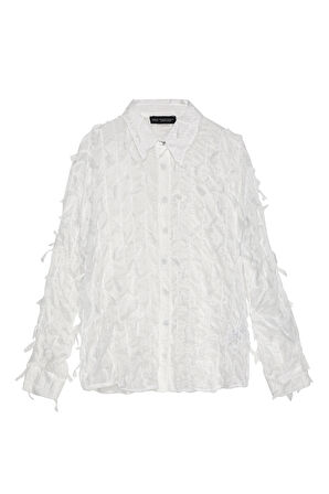 Tüy Detaylı Şifon Gömlek Beyaz