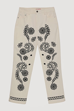 Nakış İşlemeli Yüksek Bel Pantolon Ekru